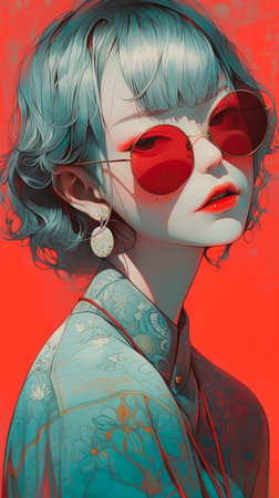 Portrait of a beautiful young woman with blue hair and red sunglasses., generative aiの素材