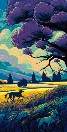Illustration of a sunset in the forest with a wild dog., generative aiの素材