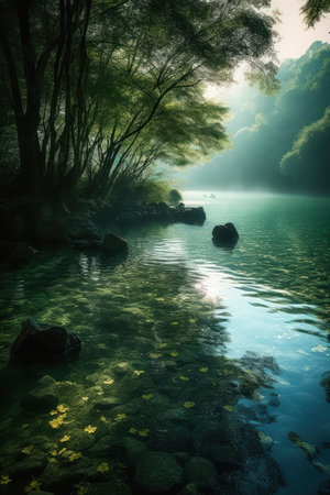 Beautiful landscape of forest and lake in the morning, Thailand., generative aiの素材