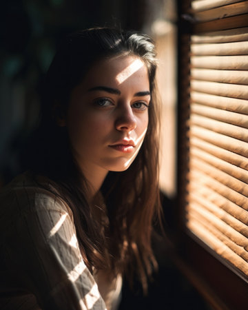 Portrait of a beautiful young woman in the window with blinds, generative aiの素材