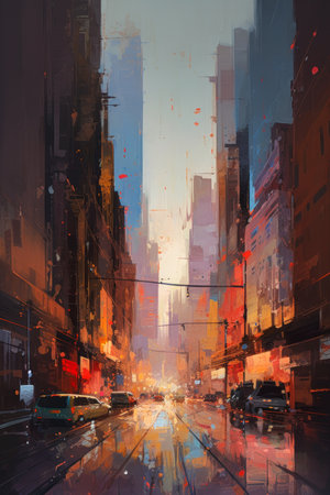 Digital painting of a street in New York City, USA. The city is illuminated by the evening sun., generative aiの素材