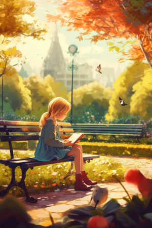 Cute little girl sitting on a bench in the park and reading a book, generative aiの素材