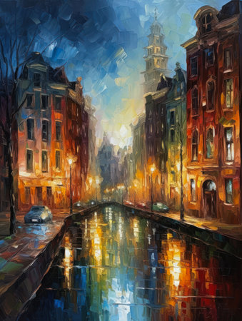 Digital painting of Amsterdam cityscape, Holland, Holland, Europe., generative aiの素材