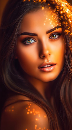 Portrait of a beautiful brunette woman with bright make-up, generative aiの素材