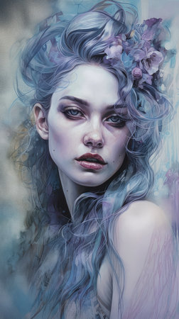 Fantasy portrait of a beautiful girl with blue hair and flowers in her hair., generative aiの素材