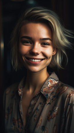 Portrait of a young beautiful woman with blond hair in a shirt, generative aiの素材