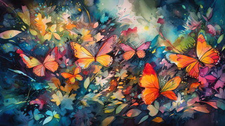 Abstract watercolor background with butterflies and flowers. Multicolored background., generative aiの素材