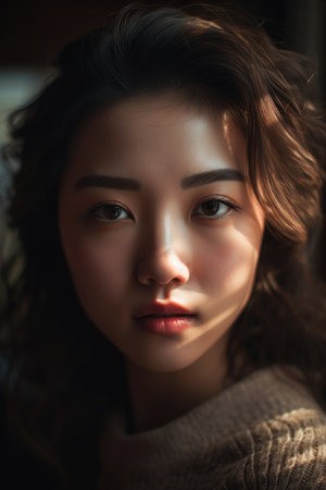 Portrait of a beautiful young asian woman with brown hair., generative aiの素材
