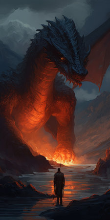 rendering of a fantasy dragon and a man with a gun, generative aiの素材