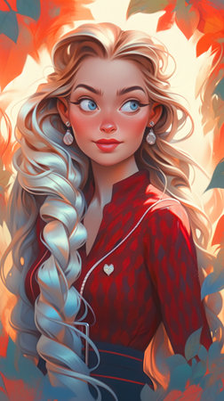 Portrait of a beautiful blonde girl with long wavy hair., generative aiの素材