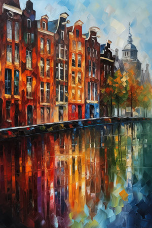 Amsterdam, Holland. Watercolor painting on canvas. Amsterdam is the capital and most populous city of the Netherlands., generative aiの素材