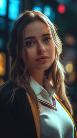 Portrait of a beautiful girl in a white blouse and a yellow jacket, generative aiの素材