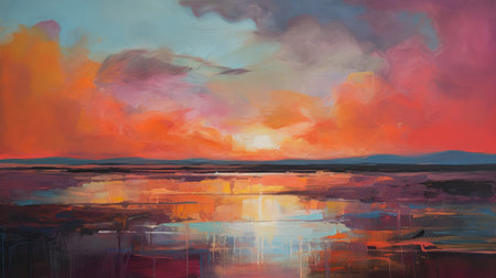 Abstract painting of a lake in the mountains at sunset. Beautiful landscape., generative aiの素材