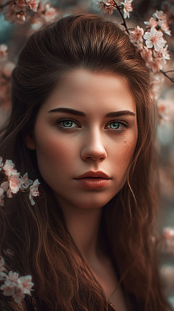 Portrait of a beautiful young woman with long brown hair. Spring., generative aiの素材