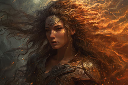 Warrior woman. Portrait of a beautiful girl with long hair. Fantasy, fantasy, generative aiの素材