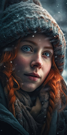 Portrait of a beautiful red-haired girl with freckles wearing a warm hat and scarf., generative aiの素材