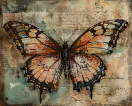 Butterfly on old paper background with ink grunge texture., generative aiの素材