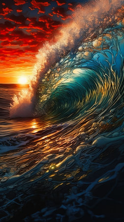Surfing ocean wave at sunset.  Rendering effect., generative aiの素材