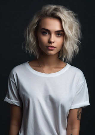 Portrait of a beautiful blonde girl in a white T-shirt., generative aiの素材