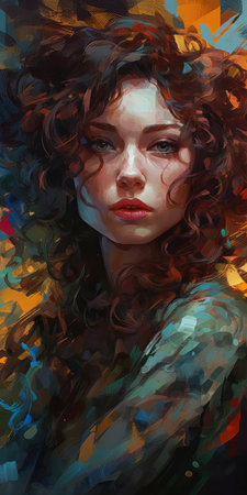 Portrait of a beautiful young woman with long curly hair. Digital painting., generative aiの素材