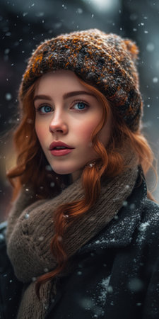 portrait of beautiful redhead girl in winter clothes looking at camera, generative aiの素材