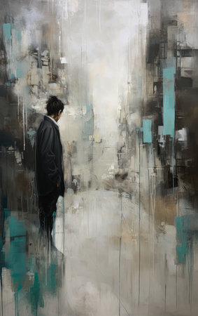 Young man in a suit standing in front of an abstract painted wall, generative aiの素材