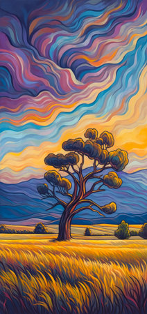 Landscape with a tree in the field at sunset. Vector illustration., generative aiの素材