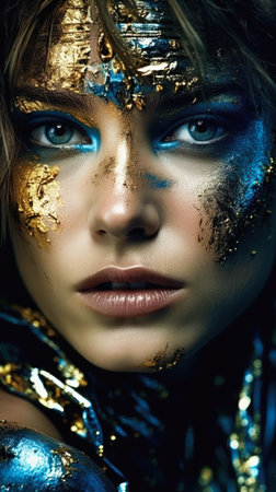 Fashion art portrait of young woman with golden make-up., generative aiの素材