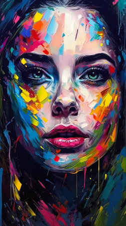 Beautiful woman face with multicolored paint. Digital painting., generative aiの素材