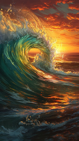 Surfing ocean wave at sunset. render illustration of ocean wave, generative aiの素材