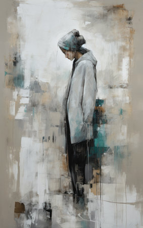 Oil painting of a woman in a raincoat standing on the street, generative aiの素材