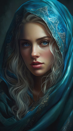 Portrait of a beautiful young woman with blue shawl., generative aiの素材