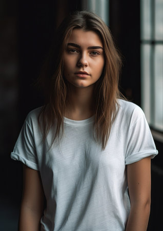 portrait of a beautiful girl in a white T-shirt on a dark background, generative aiの素材