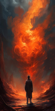 Man standing in the middle of a big red cloud. Conceptual  illustration, generative aiの素材