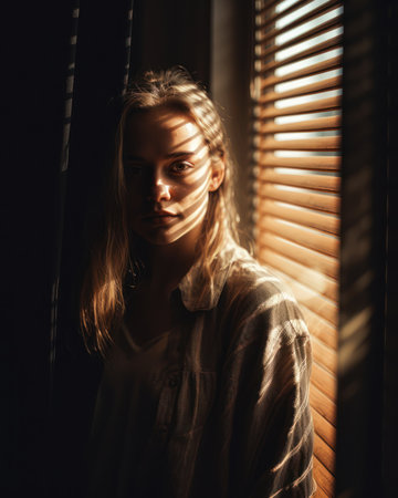 Portrait of a beautiful young woman in a room with blinds, generative aiの素材