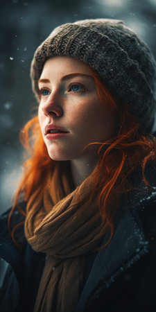 Portrait of a beautiful redhead girl in the winter forest., generative, aiの素材