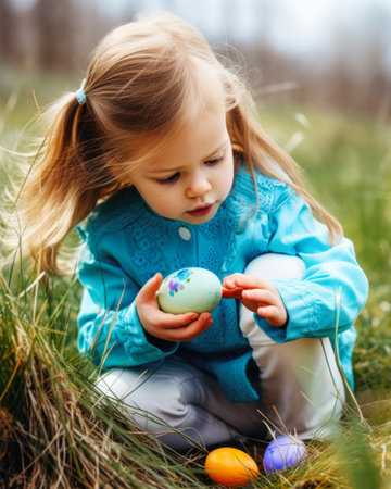 Cute little girl playing with easter eggs outdoors on spring day, generative aiの素材