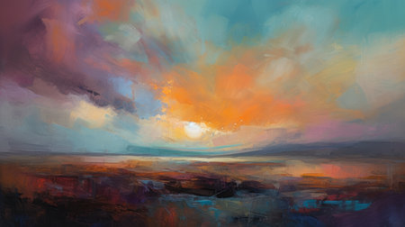 Sunset over the sea. Colorful landscape. Digital painting., generative aiの素材
