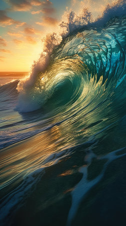 Surfing ocean wave at sunset.  Rendering effect., generative aiの素材