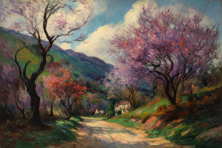 Painting of a path in the woods with pink cherry blossoms, generative aiの素材