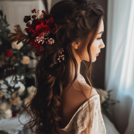 beautiful brunette bride with a bouquet of flowers in her hair, generative aiの素材