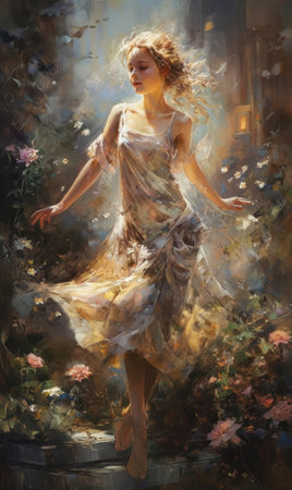 Artistic oil painting of a beautiful woman in a long dress., generative aiの素材