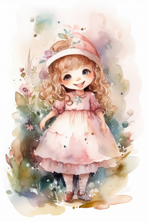 Watercolor illustration of a cute little girl in a hat and dress, generative aiの素材