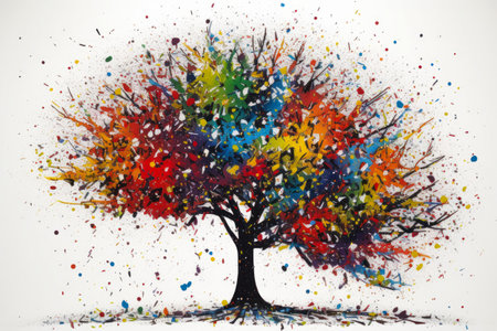 Colorful tree painted with watercolors on a white background., generative aiの素材
