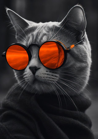 Portrait of a cat with orange glasses on a black background., generative aiの素材