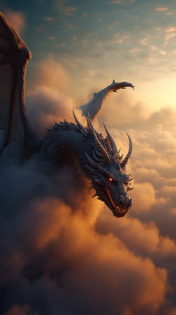 Dragon flying above the clouds at sunset.  render illustration., generative aiの素材