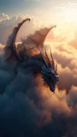 dragon in the clouds.  illustration of dragon in the clouds, generative aiの素材