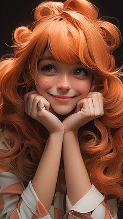 Portrait of a beautiful red-haired girl with long hair., generative aiの素材