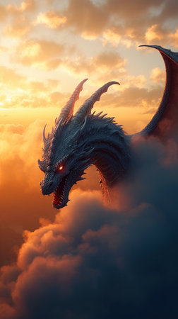 dragon in the clouds at sunset. 3d render illustration of dragon, generative aiの素材