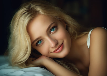 Portrait of a beautiful young blond woman lying on the bed., generative aiの素材